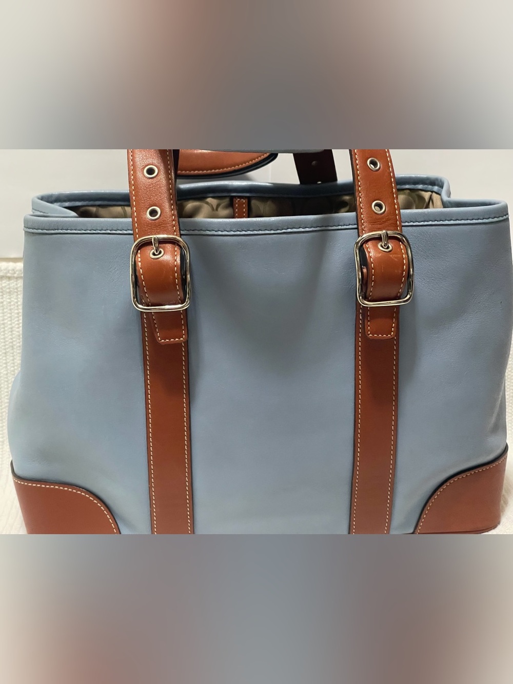 Coach Pale Blue Leather Shoulder Bag with Brown Trim